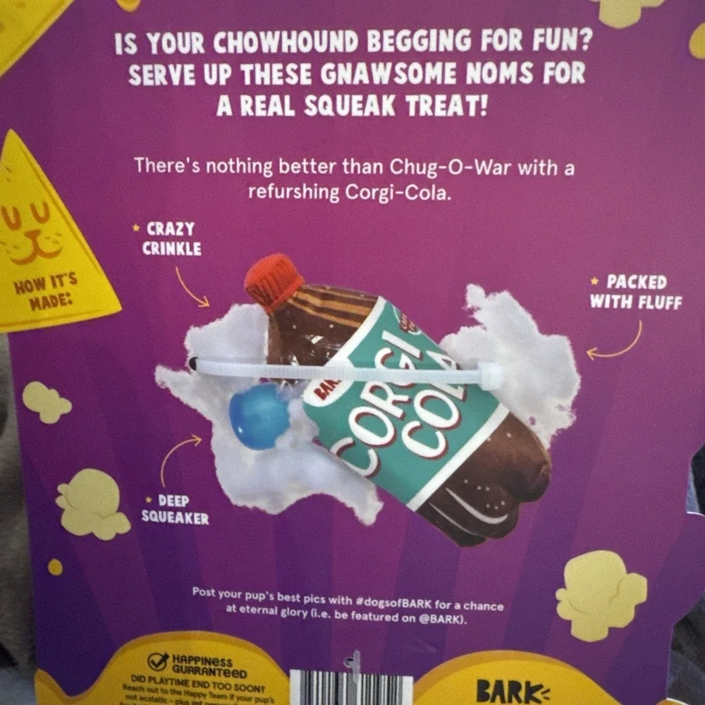 BARK BOX Corgi Cola XL‎ Toy Great for De-fluffers Squeeze Me Squeak Soda NEW